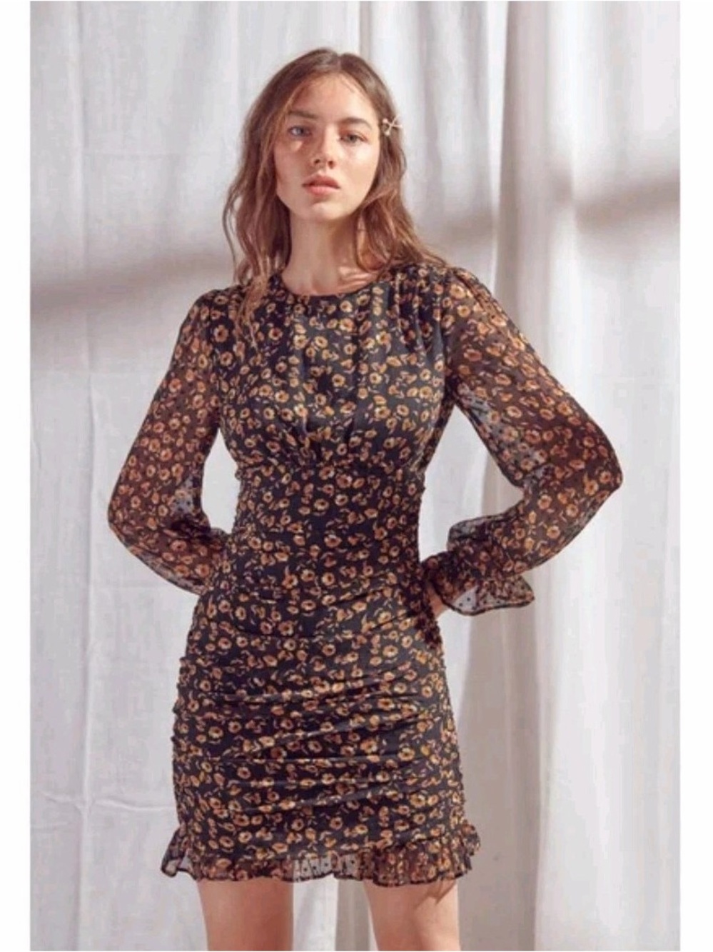 Storia Black Floral Ruched Mini Dress Long Sleeve Sheer Cottagecore Size S